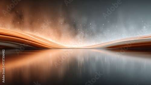 Abstract landscape with orange and white curves and reflective water surface