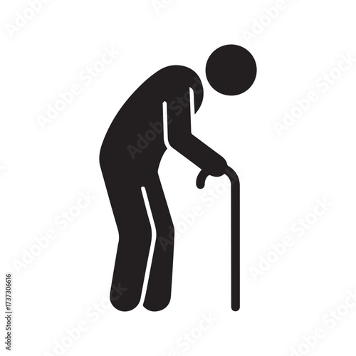 “Elderly man with walking cane icon. Senior person silhouette, old age pictogram symbol.”
