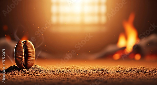 Atmospheric banner featuring a single roasted coffee bean resting on warm ash with vast amber negative space, glowing ember tones, and poetic industrial still life style.
