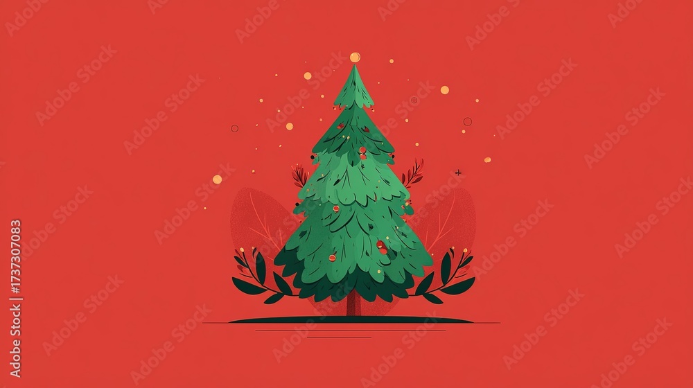 Fototapeta premium Christmas tree, decorated with berries and foliage, on solid red background, flat design style, isolated