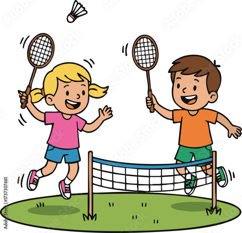 Children playing badminton enthusiastically in the park on a sunny afternoon, enjoying the outdoor activity and friendly competition with smiles and laughter.