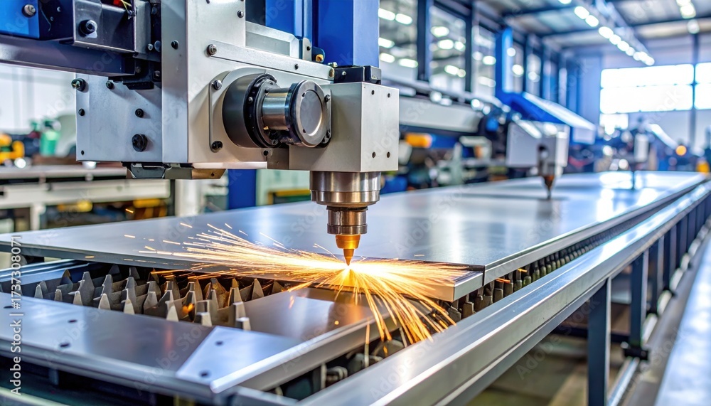Naklejka premium Industrial Laser Cutting Machine Processing Metal Sheets