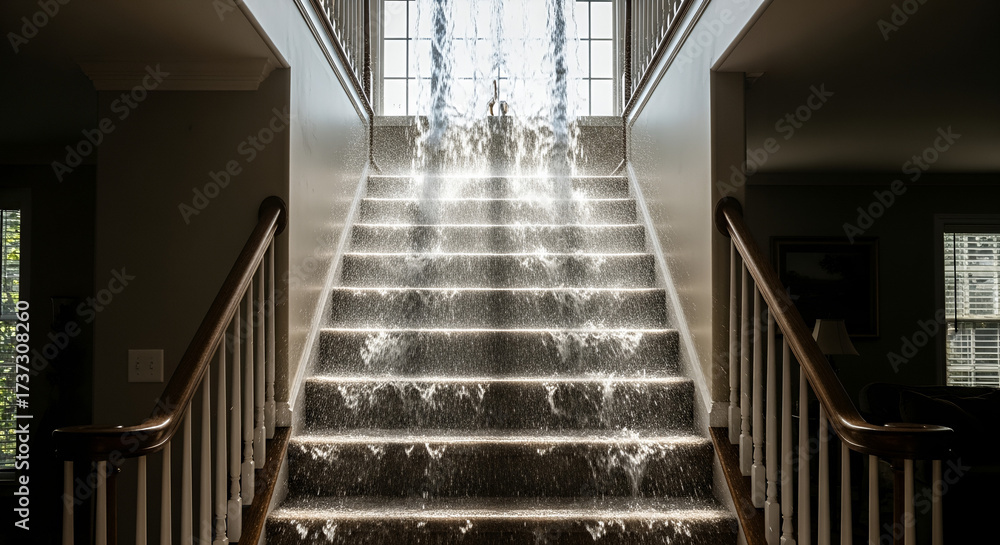 Fototapeta premium Staircase with bright light streaming from a window at the top, creating a surreal, ethereal effect.