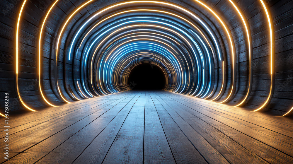 Fototapeta premium Glowing tunnel with neon lights creating mesmerizing atmosphere, leading into darkness