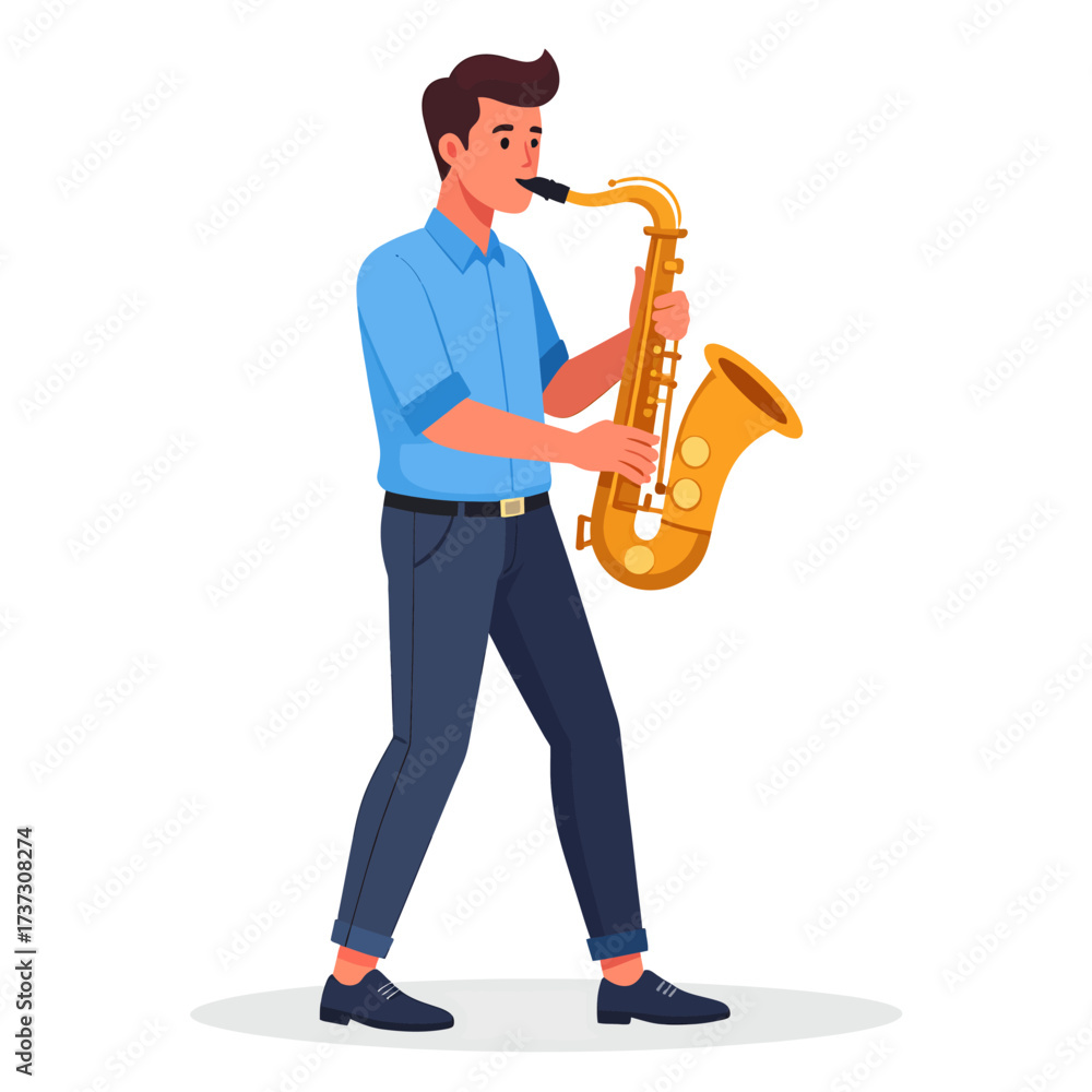 Naklejka premium A cartoon illustration of a man playing a golden saxophone, standing and looking to the right, depicting a musical performance.