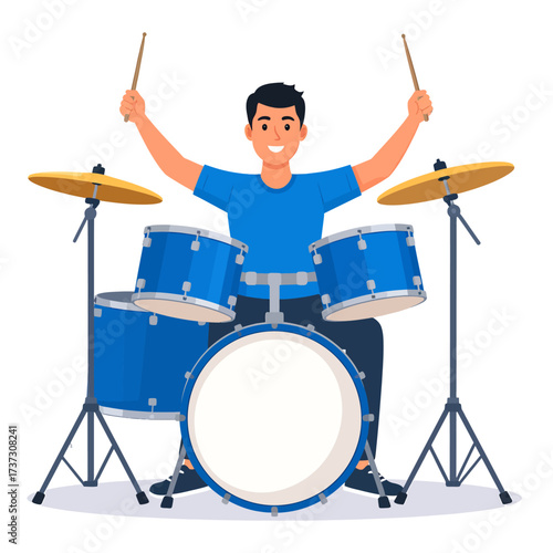 Cartoon man playing a blue drum set with drumsticks, smiling and enjoying music.