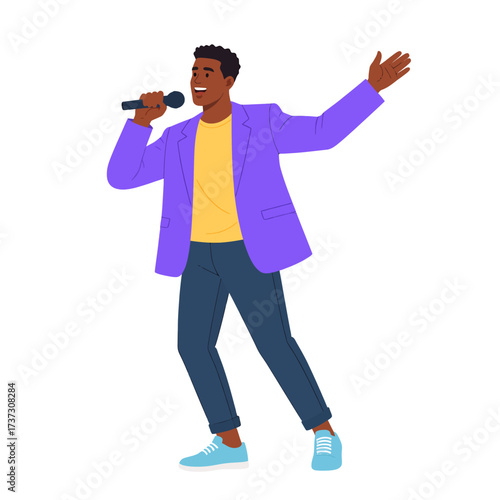 A cheerful Black man singing into a microphone, performing on stage with an arm raised, wearing a vibrant purple jacket.