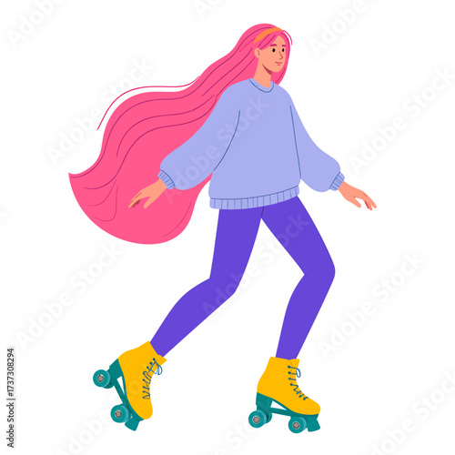 A vibrant illustration of a young woman with long pink hair roller skating, wearing a purple sweater and pants.