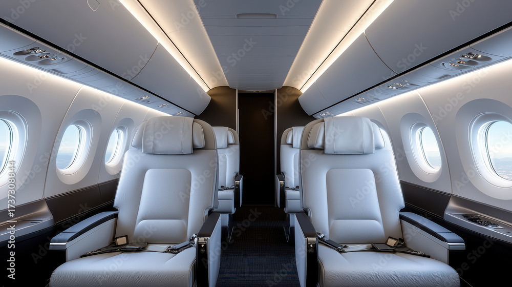 Naklejka premium Luxurious airplane cabin interior with spacious seating and modern design, ready for boarding