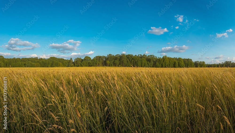 Obraz premium Idyllic landscape featuring a golden wheat field under a vibrant blue sky with soft clouds