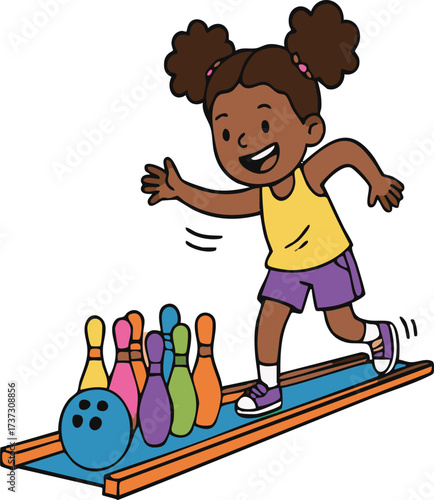 Smiling girl bowling at the alley, aiming for the pins with enthusiasm and joy, enjoying a fun and active recreational activity.