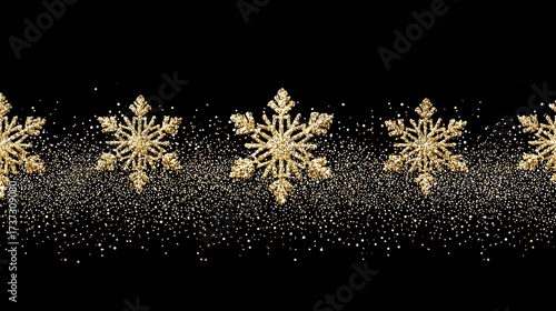 Fototapeta Naklejka Na Ścianę i Meble -  Golden glitter snowflakes border, on black background, copy space