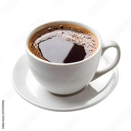 White Cup of Dark Brown Coffee on Saucer, Isolated on Transparent Background