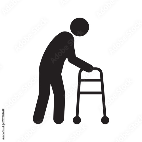 “Elderly person with walker icon. Senior citizen silhouette using a walking frame for mobility support. Disability and healthcare pictogram.”
