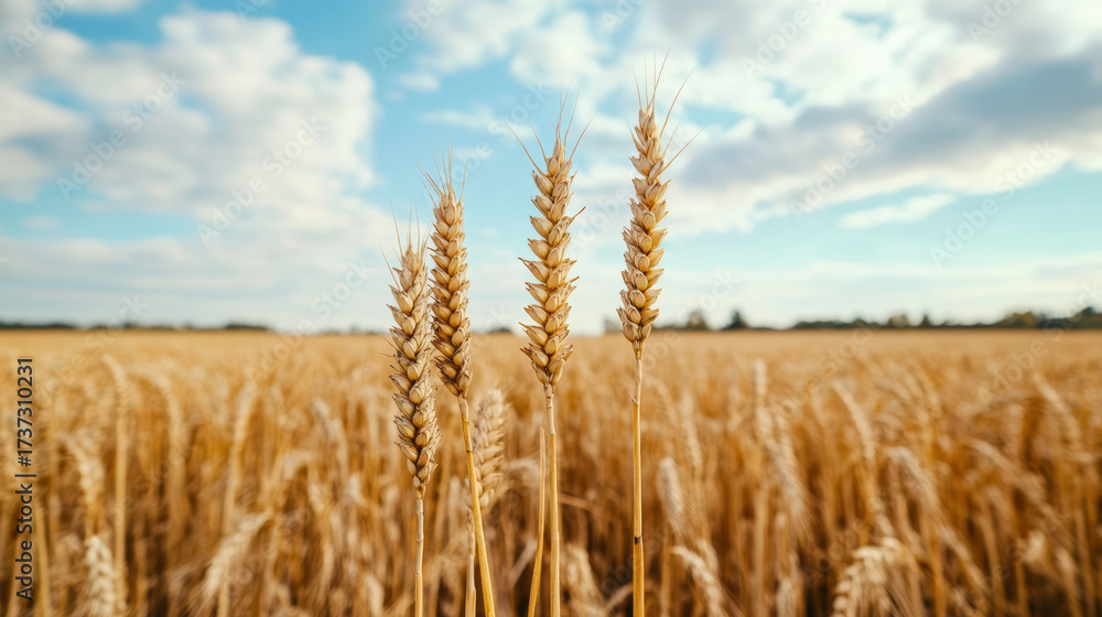 Fototapeta premium Golden wheat field under blue sky with fluffy clouds, showcasing nature beauty and harvest