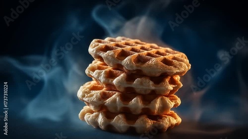 A stack of freshly cooked waffles emits steam against a dark, moody background, creating an inviting atmosphere perfect for breakfast or brunch-themed culinary content