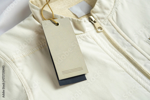 Blank Double Hang Tag Mockup on Beige Jacket with Zipper Detail