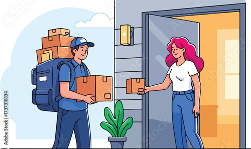 Illustration of delivery person handing package to woman at her door