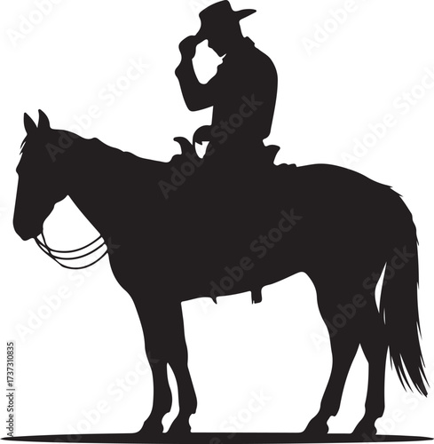 Black silhouette of a cowboy tipping his hat while riding a horse white background