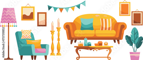 Colorful modern living room illustration, cozy furniture decor, sofa, armchair, indoor plant, wall frames, coffee table, candles, lamp