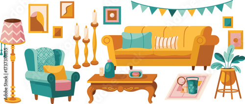 Colorful modern living room illustration, cozy furniture decor, sofa, armchair, indoor plant, wall frames, coffee table, candles, lamp