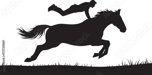 Black silhouette of a jockey riding a galloping horse over grass vector
