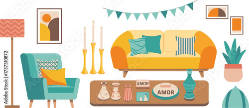 Colorful modern living room illustration, cozy furniture decor, sofa, armchair, indoor plant, wall frames, coffee table, candles, lamp