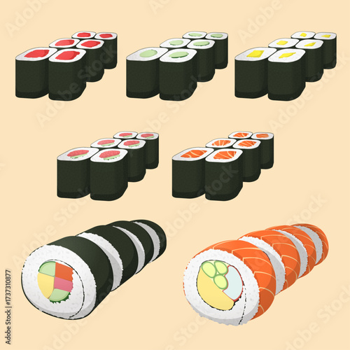 Assorted sushi rolls vector illustration with tuna roll, cucumber roll, tamago roll, tuna cucumber roll, salmon roll, futomaki, and salmon maki roll