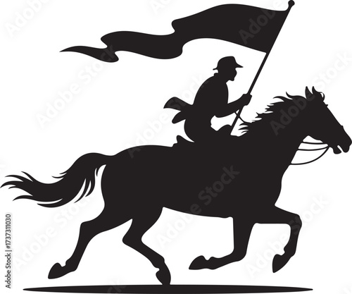 Black silhouette of a person riding a galloping horse holding a wavy flag rider