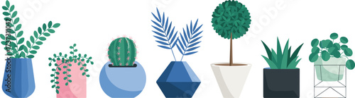 Minimalist indoor plant illustration, houseplants in decorative pots, cactus, succulent, foliage, potted greenery, modern home decor, vector art