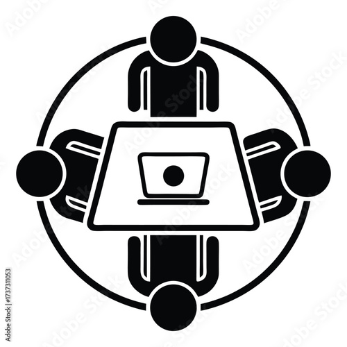 Teamwork and collaboration icon represents board members meeting around a table with laptop 