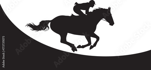 Black silhouette of a jockey riding a horse in full gallop on a white background with a black curved shape