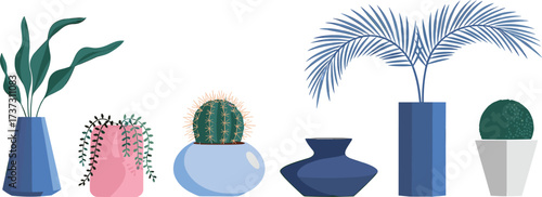 Minimalist indoor plant illustration, houseplants in decorative pots, cactus, succulent, foliage, potted greenery, modern home decor, vector art