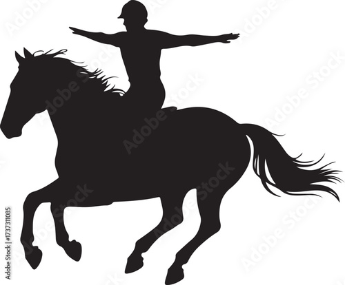 Black silhouette of a person riding a galloping horse with arms outstretched rider white