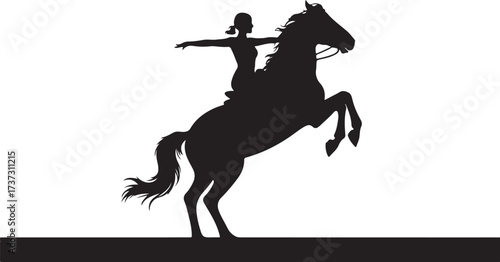 Black silhouette of a woman on a rearing horse with arms outstretched against a white background rider