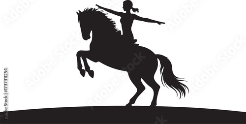 Black silhouette of a woman on a rearing horse with arms outstretched animal