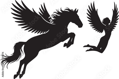 Black silhouette of a winged horse and a winged human figure in mid-air pegasus white background