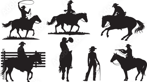 Cowboy silhouettes on horseback lassoing riding shooting and standing horse silhouette