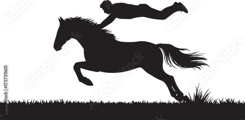 Silhouette of a person jumping over a galloping horse on grass rider