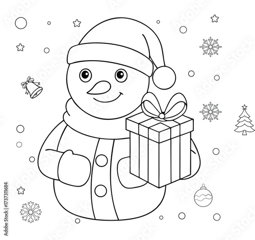 Snowman with earmuffs scarf and mittens Christmas coloring page