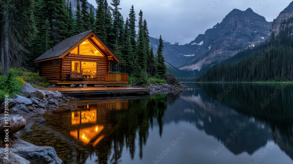 Fototapeta premium Cozy cabin reflection in still mountain lake during twilight creates serene atmosphere