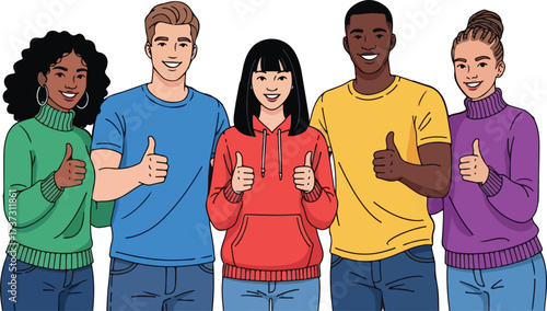 Illustration of diverse group of young people giving thumbs up isolated on white background
