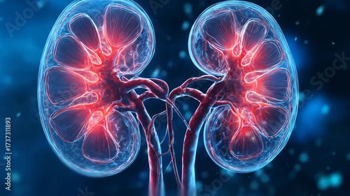 Detailed illustration of human kidneys showcasing intricate vascular structures and glowing red highlights against a blue abstract background, ideal for educational or medical use