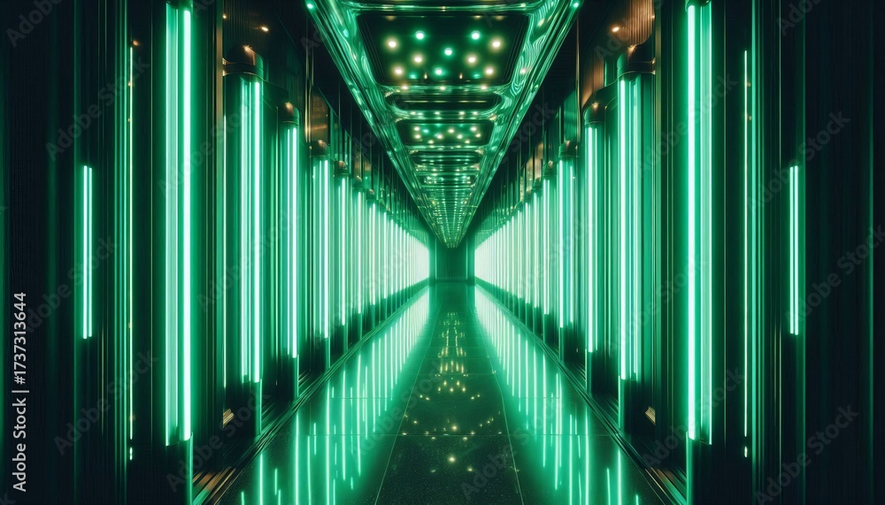 Fototapeta premium A long corridor lined with glowing green neon lights