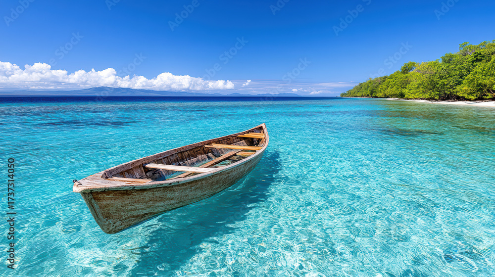 Naklejka premium Wooden boat floats serenely crystal clear turquoise water, surrounded by lush greenery
