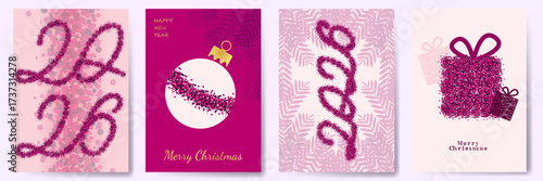 Happy new year and merry Christmas greeting card background design, 2026 template design set with magenta color concept, new year modern design illustration, social media post, marketing material