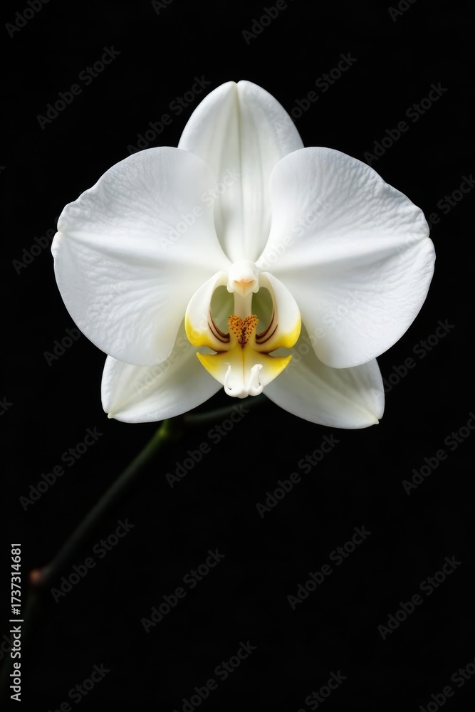 Naklejka premium Pure white orchid, pristine petals against deep black , symbol, phalaenopsis