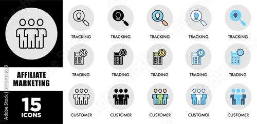 AFFILIATE MARKETING icon set with various styles and colors of corporate sustainability performance for investment screening	
