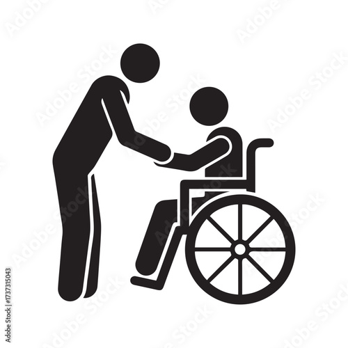 “Caregiver helping a person in a wheelchair icon. Nurse or volunteer providing assistance and support to a disabled patient. Disability and healthcare symbol.”
