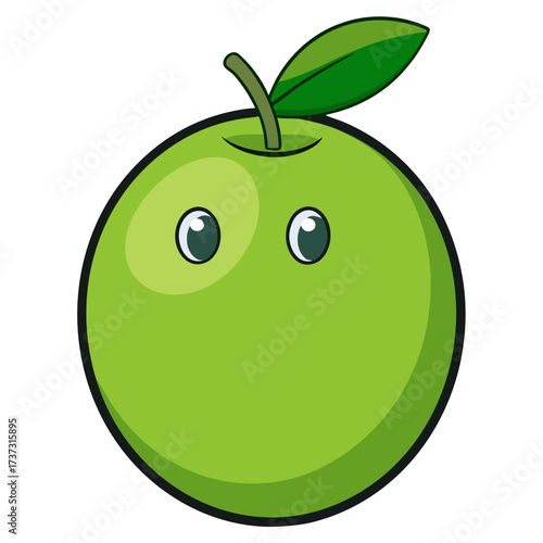 Whimsical green apple character with expressive eyes, perfect for children's books or playful designs, originally a scalable vector graphic